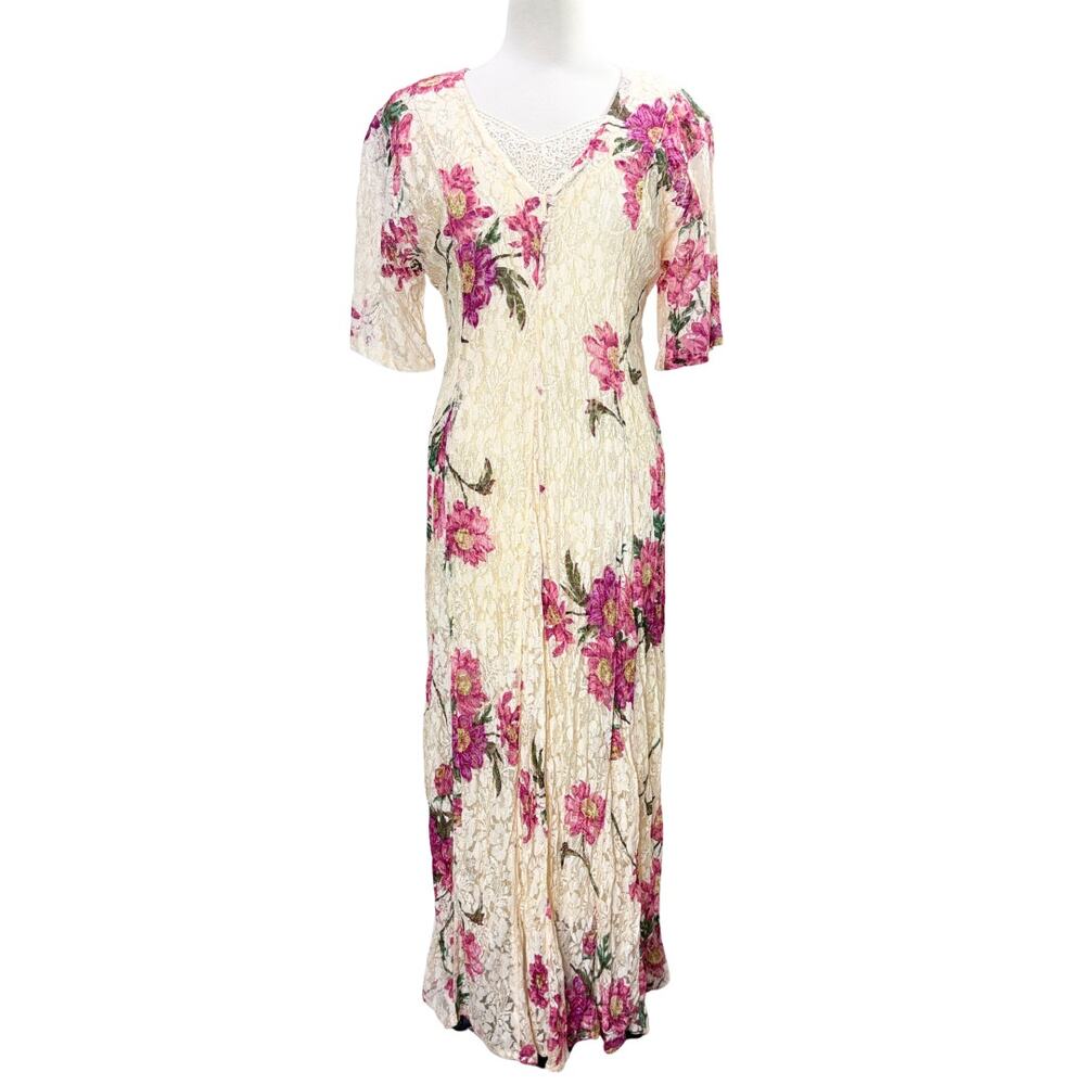 Vintage Starina Size L Maxi Dress‎ Floral Lace Cottage Fairy Romantic Whimsical
